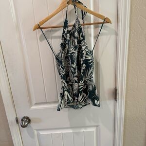 Patrons of Peace Halter Top Women’s Medium Green Tropical Print Smocked Tank